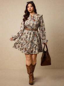 Vestido casual de manga larga con cuello de lazo, volantes y estampado floral para mujer de talla grande, apto para primavera/invierno - Multicolor 2 - Ver 5