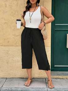 Pantalones casuales capri de talla grande para mujer, de unicolor, con cintura anudada y bolsillos - Negro - Ver 4
