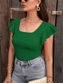Camiseta de cuello cuadrado de manga mariposa - Verde Oscuro - Ver 6