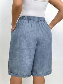 Pantalones cortos holgados de lino de talla grande para mujer, de unicolor, con bolsillo y lazo en la cintura, pantalones cortos anchos y de pierna ancha, pantalones cortos modestos para vacaciones y verano, color negro - Azul - Ver 2