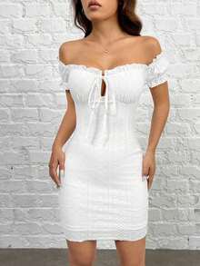 Vestido ajustado de punto con hombros descubiertos - Blanco - Ver 2
