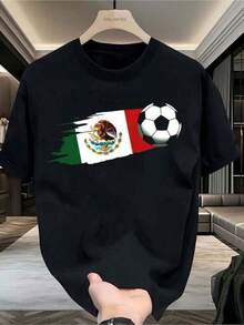 Camisetas Gráficas 1 Pieza para Hombre, de Algodón, Color Sólido, con Estampado de Letras Inglesas, Bandera de México y Balón de Fútbol, Manga Corta, Cuello Redondo, Adecuada para Uso Diario, Ocio, Deportes, Escuela, Viajes, Reuniones Familiares y Otras Ocasiones. Camiseta de Manga Corta de Verano. Se Pueden Regalar Varias Camisetas a Familiares. Estilo Y2K de los Años 2000. 100% Algodón. - Negro - Ver 1