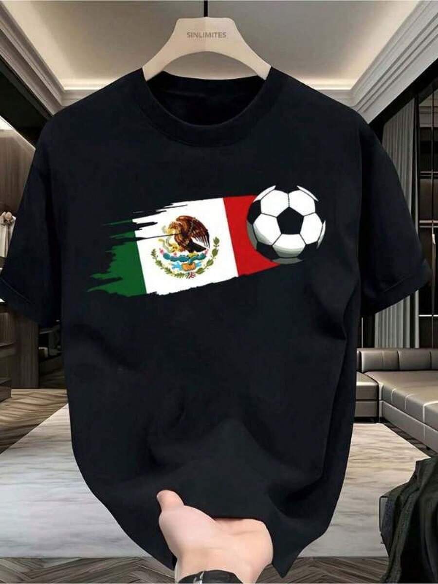 Camisetas Gráficas 1 Pieza para Hombre, de Algodón, Color Sólido, con Estampado de Letras Inglesas, Bandera de México y Balón de Fútbol, Manga Corta, Cuello Redondo, Adecuada para Uso Diario, Ocio, Deportes, Escuela, Viajes, Reuniones Familiares y Otras Ocasiones. Camiseta de Manga Corta de Verano. Se Pueden Regalar Varias Camisetas a Familiares. Estilo Y2K de los Años 2000. 100% Algodón. - Negro - Ver 1
