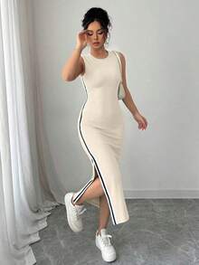 Vestido largo con abertura lateral decorativa de cinta bicolor negro y blanco de cuello redondo para mujeres - Albaricoque - Ver 1
