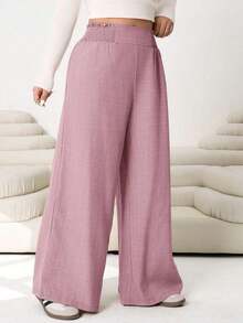 2026 Primavera/Verano Nuevos pantalones casuales para uso diario, fiestas, ir al trabajo, volver al colegio, citas, en casa, fiestas de cumpleaños, para múltiples ocasiones, con cintura elástica holgada, pernera ancha, color beige, talla grande - Rosa Pálido - Ver 3