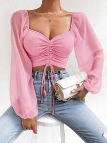 Blusa de manga farol con cuello de corazón y pliegues, corta - Rosa - Ver 1