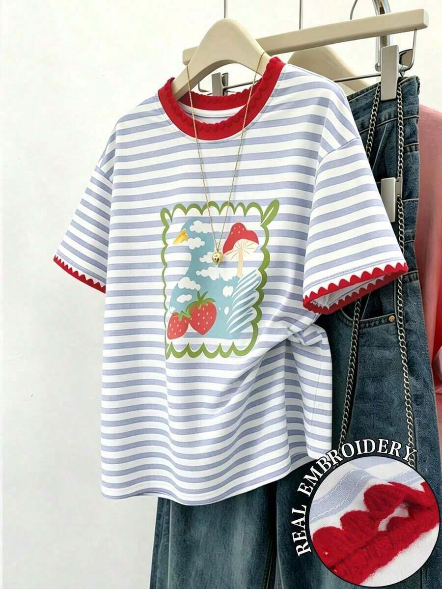 de mujer, estampado de rayas de frutas de cereza en contraste de colores, camiseta suelta de manga corta con estilo retro estadounidense juvenil, colección primavera/verano 2026, como regalo para amigos - Multicolor 3 - Ver 1