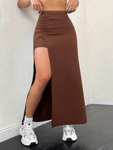 Falda midi fruncida con abertura en la falda, de color liso y plisada, para uso casual diario, en color negro natural, apta para primavera/otoño - Café integral - Ver 1