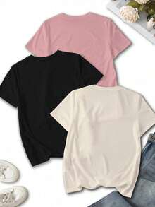 Set de 3 camisetas de mujer de manga corta con cuello redondo, de estilo casual de verano, con estampado gráfico del universo creencia, top de concierto - Multicolor 4 - Ver 2