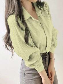 Blusa suelta de unicolor con cuello vuelto y pliegues para mujer, color morado, para primavera/verano/otoño, ropa de mujer de manga larga - verde menta - Ver 5