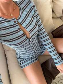 Conjunto de top de manga larga y pantalones cortos a rayas en marrón y azul, para primavera/otoño - Azul - Ver 1