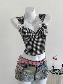 Top a cuadros sin mangas para mujeres con escote de corazón y nudo delantero - Blanco y Negro - Ver 6