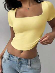 Top corto ajustado de mujer de punto con cuello convertible de unicolor - Amarillo claro - Ver 5