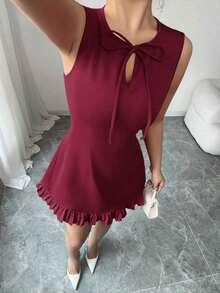 Nuevo vestido mini ajustado de mujer con cuello redondo, diseño de lazo, abertura lateral sin mangas, vestido de oficina, cita y fiesta, elegante y versátil con diseño de color block y volantes - Burdeos - Ver 5
