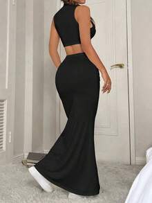 Conjunto casual de verano para mujer compuesto por un chaleco corto de cuello alto de unicolor y una falda de cola de pez, atuendo ideal para Año Nuevo - Negro - Ver 2