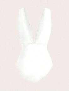 Traje de baño de una pieza elegante de talla grande con 3 piezas, decorado con hebilla de metal marrón, se puede usar por separado con atuendos, adecuado para fiestas y vacaciones - Blanco - Ver 3