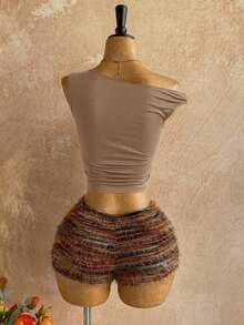 Nuevo conjunto informal de 2 piezas para mujer con hombro asimétrico, textura esponjosa, estampado floral y espalda descubierta, ideal para vacaciones, boda, graduación, Día de San Patricio, primavera, festival de música, elegante estilo boho tropical - Caqui - Ver 2