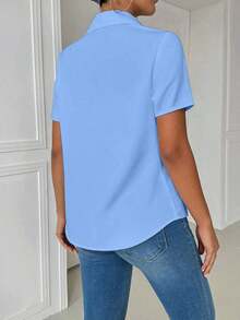 Blusa naranja casual de manga larga ajustada con cuello vuelto y bolsillo para mujer - Azul 2 - Ver 2