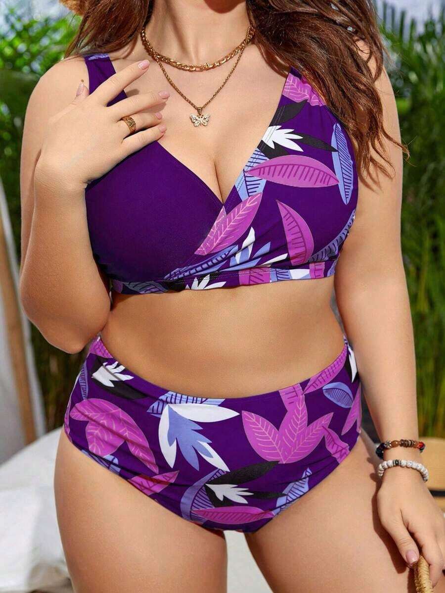 Conjunto de bikini con estampado tropical para la playa de verano en tallas grandes - Morado - Ver 1