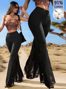 Pantalones acampanados de cintura elástica con encaje de unicolor para mujer - Negro - Ver 7