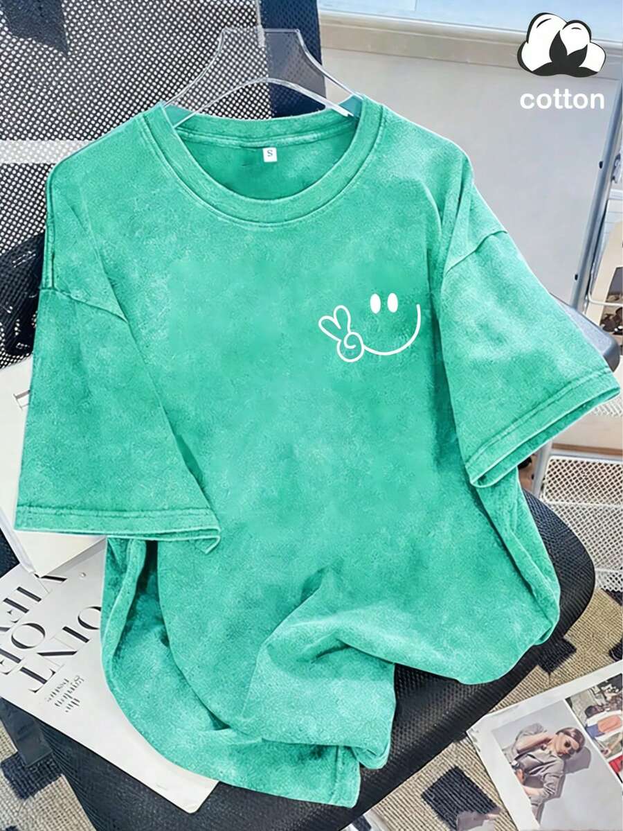 Vintage Washed Cotton Loose-Fit T-Shirt, Cute Face And Heart Print, Women's Casual Street Style Short-Sleeve Top, Wrinkle-Resistant Washed Cotton T-Shirt - 水綠色 - 查看 1