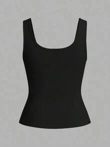 Camiseta sin mangas negra casual y versátil con cuello en U profundo y espalda de tirantes - Negro - Ver 2