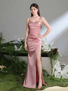 Elegante vestido formal de sirena con tirantes finos, abertura alta y drapeado para mujeres - Rosa vieja - Ver 3