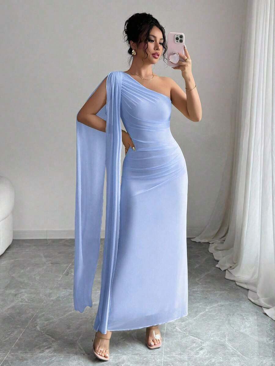 Vestido largo ajustado de mujer de color amarillo claro, moda para primavera/verano - Azul - Ver 1