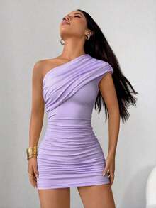 mini ajustado con pliegues de unicolor para mujer, atuendos de verano y club, sexy - Púrpura malva - Ver 4