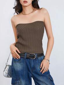 Women's Summer Tube Tops, Solid Color Knitting Ribbed Strapless Cropped Tops Slim Backless Vest - Brown - View 6