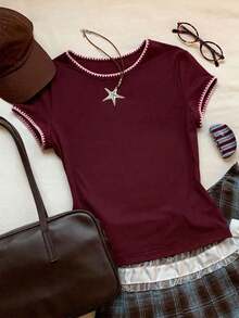 2026 Nueva Moda Camiseta Casual Versátil de Mujer con Cuello Redondo y Mangas Cortas, Contraste de Ribetes, Top de Verano, Ropa Casual de Primavera para Exteriores, Top Casual Amarillo Y2K - Rojo violeta - Ver 1