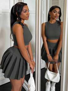 2 piezas Conjunto para mujer con top de tirantes con corazón calado y falda plisada - Gris Oscuro - Ver 5