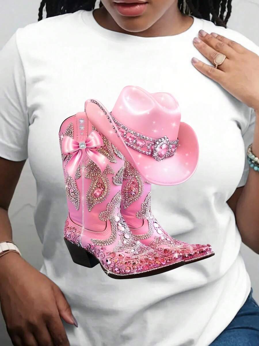 Women's Cowboy Boot Design T-Shirt - Loose Fit And Plus Size T-Shirt, Pink Cowboy Boot Design, Breathable For Everyday And Party Wear, Suitable For Western Events, Theme Parties, Gifts - Machine Washable T-Shirt For All Seasons, Casual Wear, Vintage Style, Comfortable Material, For Fashion Lovers. - 白色 - 查看 1