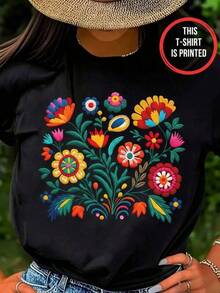 Camiseta de Cuello Redondo para Mujer - Esto es una impresión, no un bordado. Top Bohemio Suave con Estampado Floral, Camiseta Casual Sin Perforaciones para Festivales, Fiestas y Outfits Diarios - Ropa Étnica Boho para Mujer, Atuendo de Festival, Camiseta con Patrón , Ajuste Cómodo Mujer camiseta casual bordado floral colorido suelta cuello redondo manga corta primavera verano uso diario - Negro - Ver 6