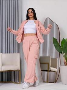 Women's Corduroy Cargo Set – Oversized Shirt And Jogger Pants - 軍綠色 - 查看 3