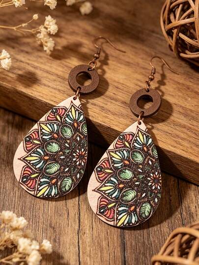 1 Pair Bohemian Wooden Printed Water Drop Earrings, Retro Mandala Style Dangle Earrings For Women