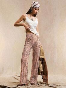 Pantalones rectos holgados de estilo bohemio con patrón de cuentas en color marrón para mujer, de verano - Rosa - Ver 2
