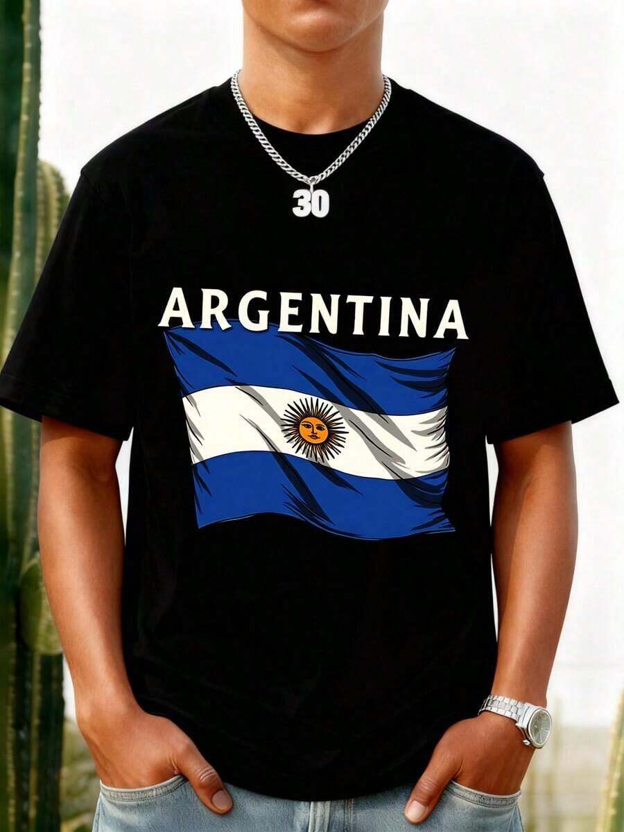 Black T-Shirt With Argentine Flag Print And "Argentina" Text For Men. Ideal For Sporting Events And National Holidays. Great Gift Idea. Women's T-Shirt. Elegant. Bohemian Style. Soft, Breathable, And Comfortable Garment, Perfect For Spring, Summer, And Fall; Ideal For Vacations, Travel, And Everyday Wear. Perfect For Watching A Game. - 黑色 - 查看 1