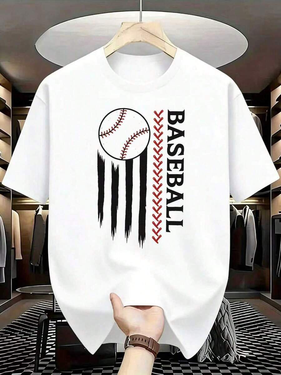 Men's Baseball Shirt With A Red And White Baseball Bat Print Inspired By The Stripes Of The National Flag - Casual Short-Sleeved Summer Shirt, Suitable For Fans, As A Team Uniform, And For Everyday Wear - Machine-Washable Crew Neck Baseball Shirt. New Loose-Fitting And Versatile Shirt. Great For Gifting. Women's T-Shirt. Stylish. Bohemian Style. Soft, Breathable, And Comfortable Garment, Perfect For Spring, Summer, And Fall; Ideal For Vacations, Travel, And Everyday Wear. Perfect For Watching A Game. - 白色的 - 查看 1