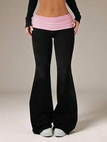 Pantalones acampanados con cintura plegable de color contrastante para mujer - Negro 3 - Ver 7