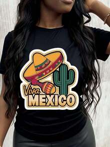 Camiseta de estilo casual para mujer con diseño de Viva México, sombrero, cactus y maracas, ideal para festivales de verano, regalo para amigos y familiares.Camiseta de manga corta. - Negro - Ver 1