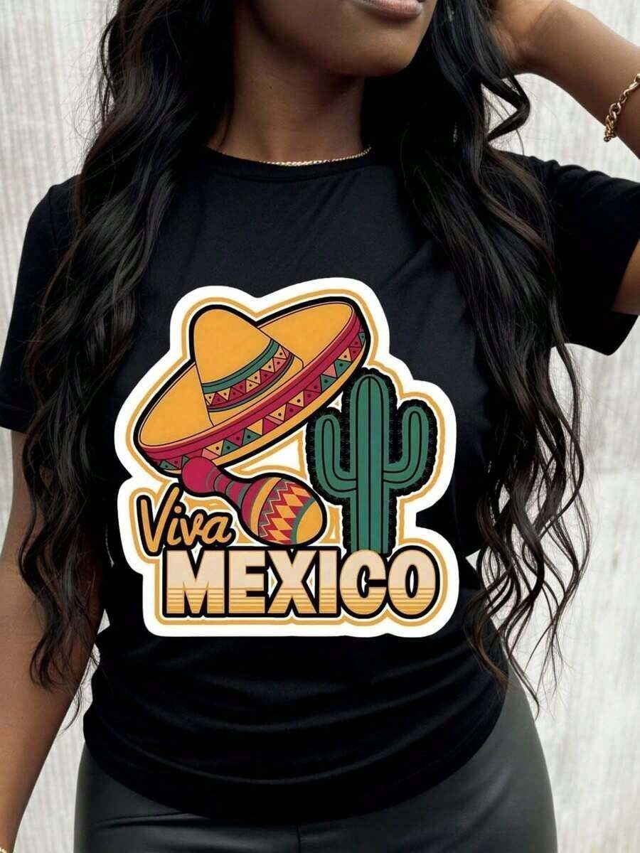 Camiseta de estilo casual para mujer con diseño de Viva México, sombrero, cactus y maracas, ideal para festivales de verano, regalo para amigos y familiares.Camiseta de manga corta. - Negro - Ver 1