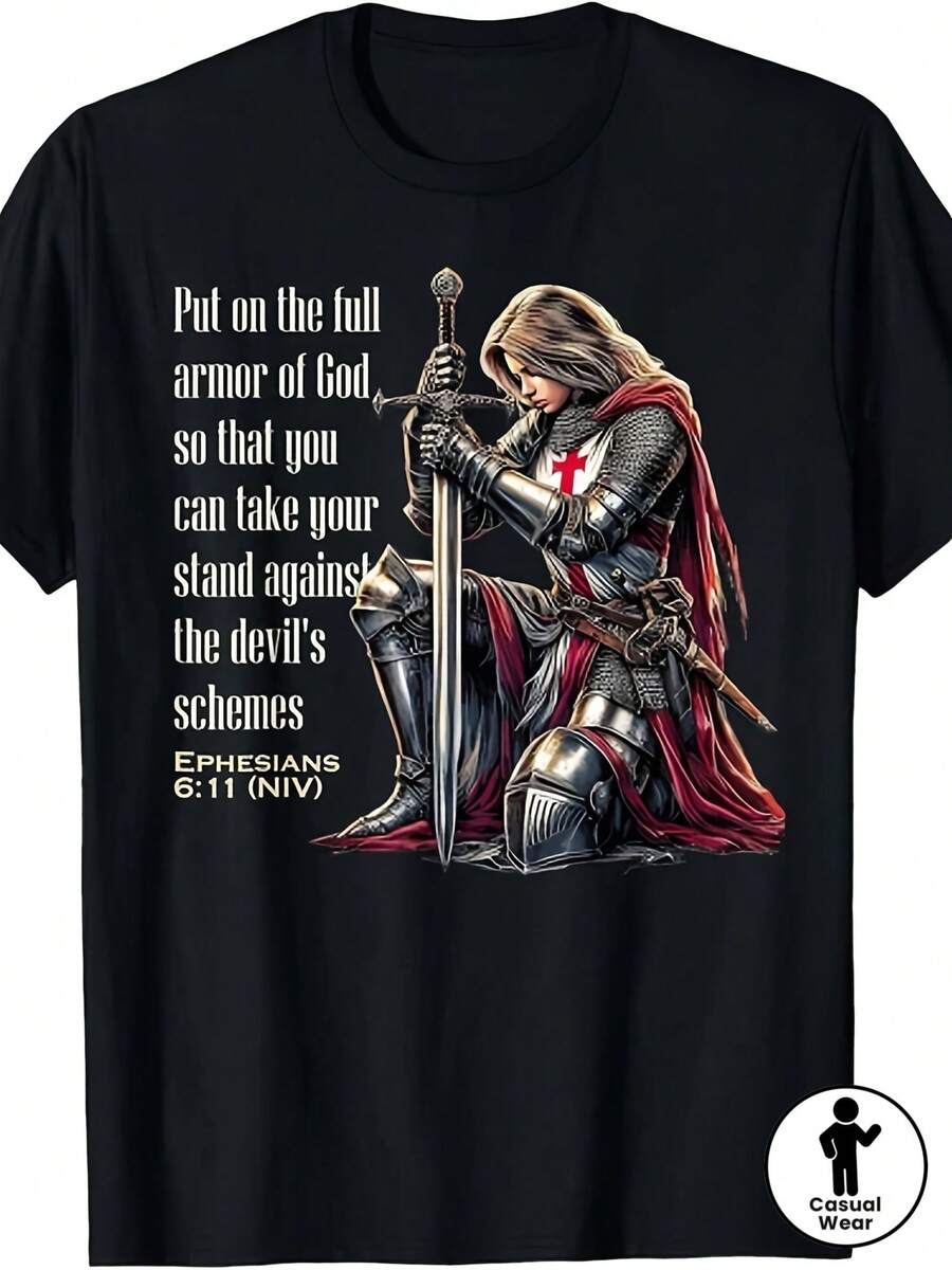 Camiseta de hombre con versículo bíblico de los Caballeros Templarios, gráfico medieval, cuello redondo casual de manga corta - Negro - Ver 1