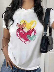 Camiseta de manga corta con estampado de corazón de graffiti colorido de primera calidad, estampado de pinceladas de dibujo, top informal romántico de estética artística. Ecológico - Blanco - Ver 8