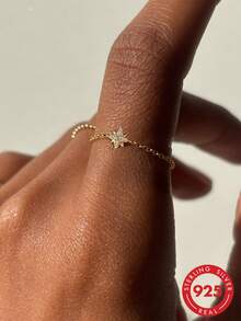 1pc 925 Sterling Silver Minimalist Star Chain Ring, Luxury Style Adjustable Ring For Women, Suitable For Daily Wear/Wedding Bride Jewelry, Exquisite Jewelry - Gold - View 2