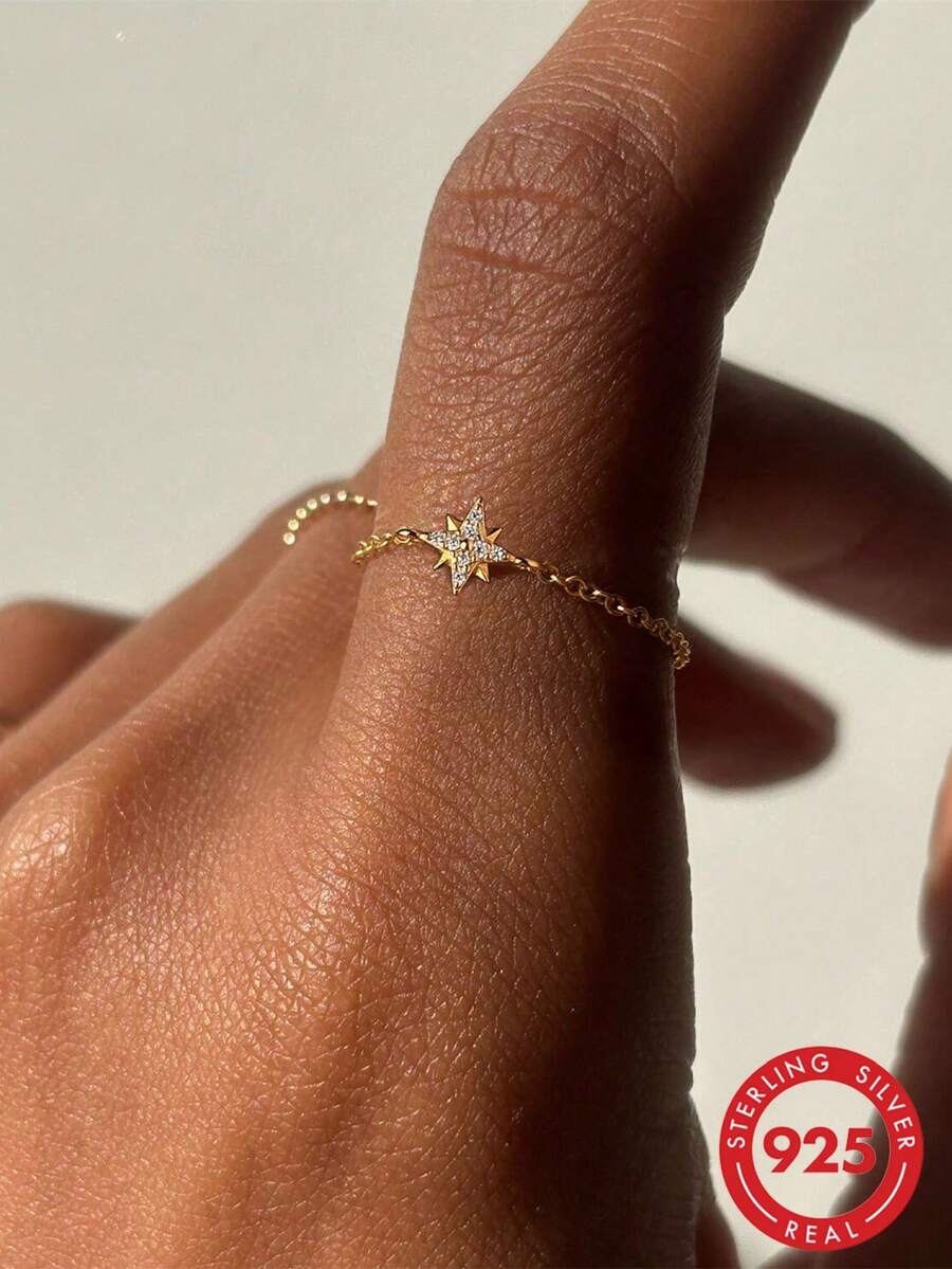 1pc 925 Sterling Silver Minimalist Star Chain Ring, Luxury Style Adjustable Ring For Women, Suitable For Daily Wear/Wedding Bride Jewelry, Exquisite Jewelry
