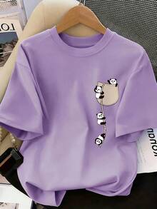 Camiseta Casual de Verano para Mujer, Cuello Redondo, Estampado de Panda, Manga Corta, Nueva Moda 2026 - Negro - Ver 6