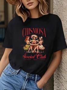 Chismosa Social  Camiseta de Mujer Latina Chisme Mexicana - Camiseta Negra Ajustada con Aplicación Cultural Mexicana Vibrante (Letras Chisme), Manga Corta Cuello Redondo para Eventos en Español y Atuendos de Herencia Mexicana - Negro - Ver 6