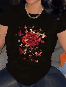 Talla Grande, Estampado Floral de Rosas, Camiseta Cómoda de Cuello Redondo, Lavable a Máquina, Apta para Todas las Temporadas - Negro - Ver 8