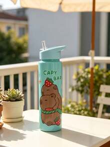1pc 750ml Cartoon Capybara Printed Summer Water Bottle With Straw, Suitable For Sports, Outdoor, Home, Office, School, Portable And Suitable As A Gift - Clear - View 5